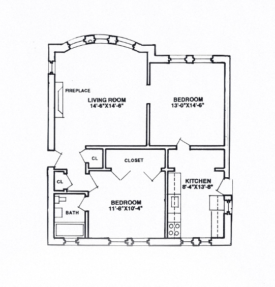 Floor plan for 2 beds, 1 bath, 891 sqft